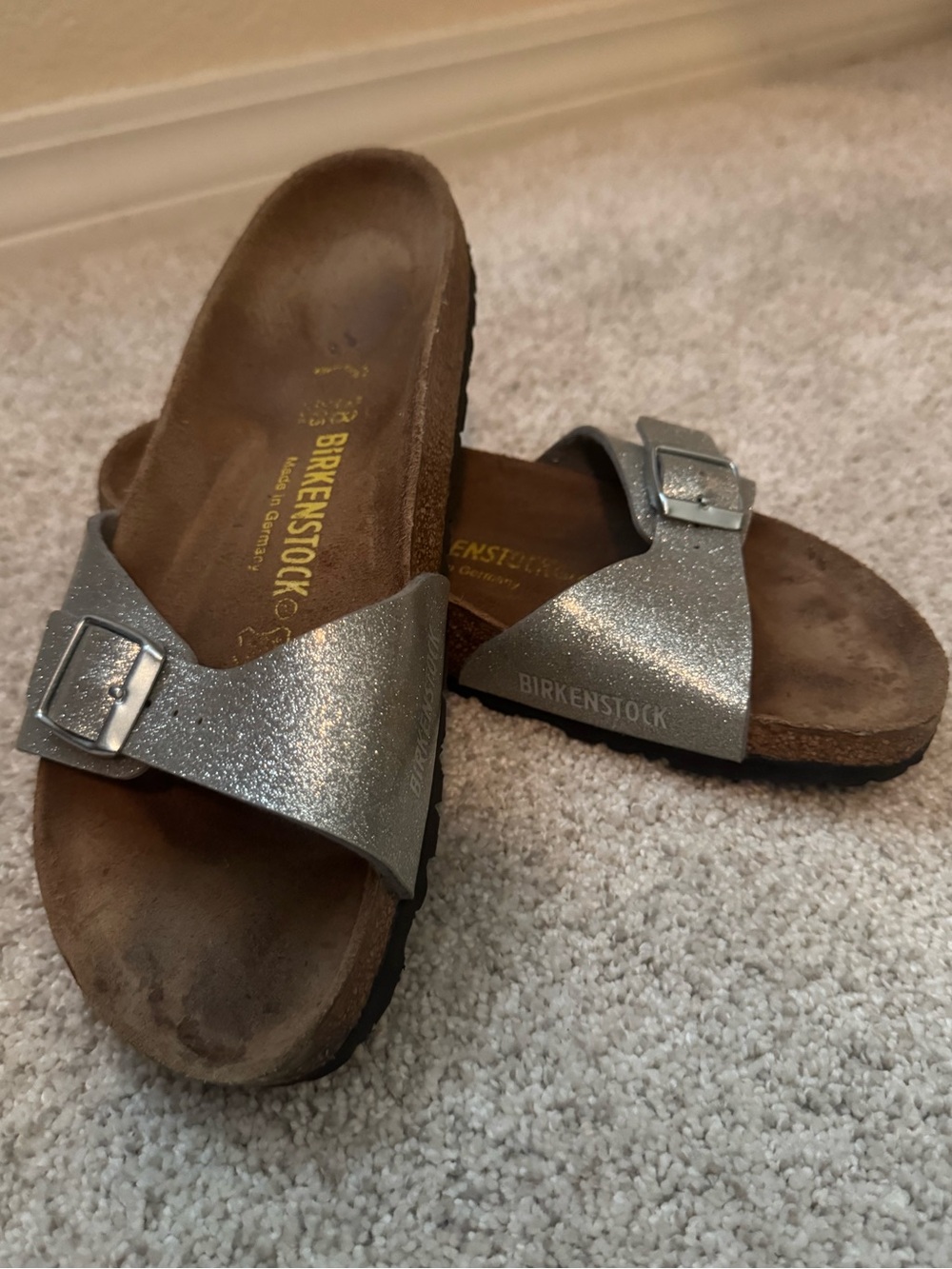 Birkenstock Silver Glitter Madrid Single-Strap Slides 38